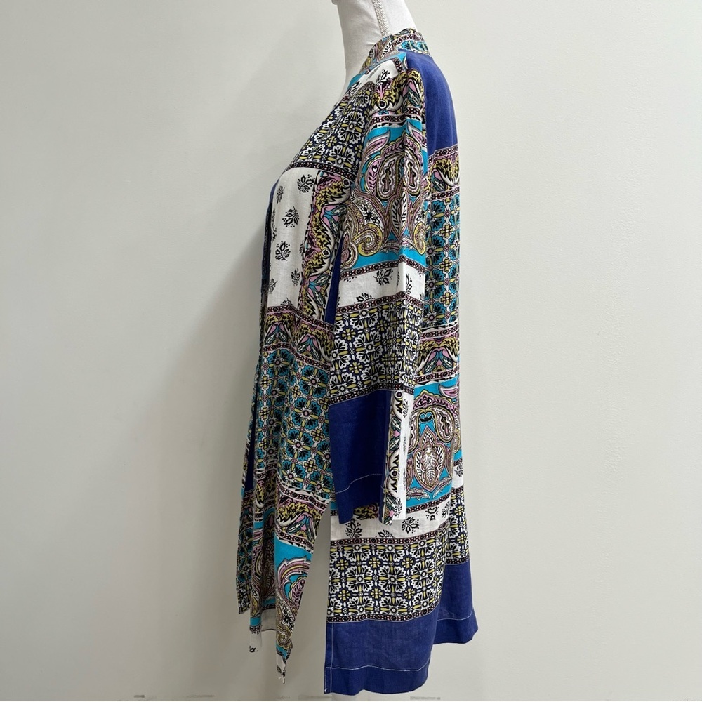 Chico's Patchwork Linen Long Kimono Duster Cardigan Topper Mixed Media Size 8/10 - Picture 5 of 13